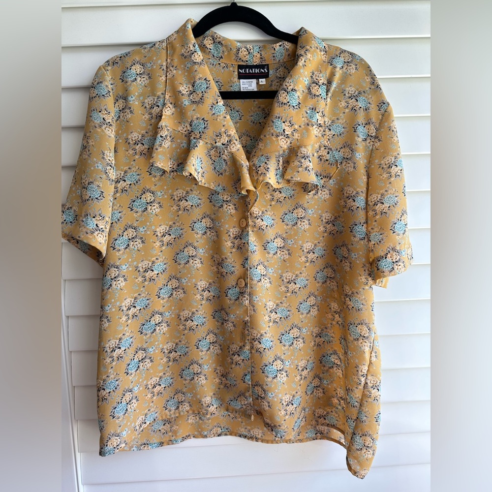 Notations yellow floral blouse with ruffle, size L